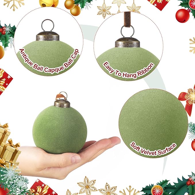 36 Pcs Velvet Christmas Balls Bulk - Flocked Christmas Tree Ball Ornaments Hanging Decoration for Xmas Tree, Wreath, Home or Party Decorations, 2.36", 2.76", 3.15" (Green)