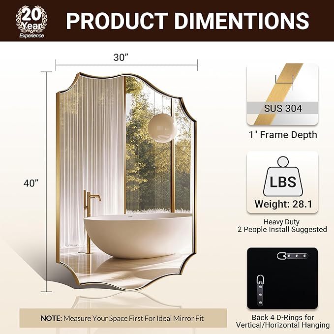 ANDY STAR 30"x40" Brushed Gold Bathroom Mirror, Large Rectangle Scalloped Mirror, Antique Brass Mirror in Rust-Proof Stainless Steel 1" Frame, Unique Wavy Design, Ideal for Home Remodel
