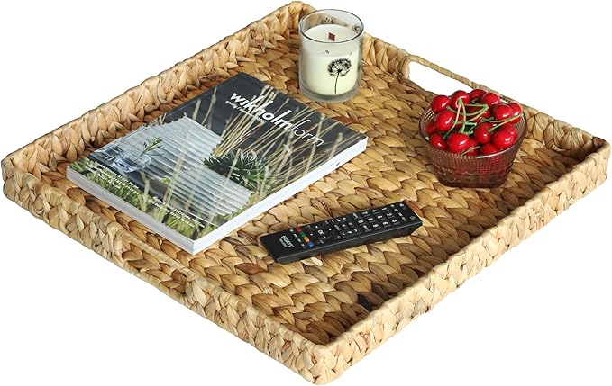 Extra Large Square Ottoman Table Tray 19.7" with Handles - Water Hyacinth Wicker Serving Tray for Farmhouse Decorative Oversized Coffee Table Trays Living Room Kitchen Counter Breakfast (Flush Edge)