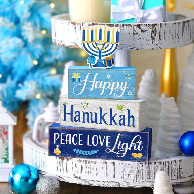 4 Pcs Hanukkah Decorations for Home Chanukah Table Decor Wooden Menorah Decoration Hanukkah Centerpiece Rustic Decorative Menorah Block Signs Gift Farmhouse Jewish New Year Decoration for Home