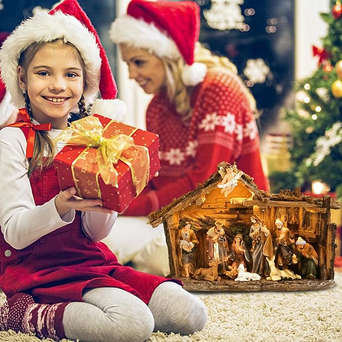 Christmas Nativity Set 9.5 Inch Village with LED Lights Figurine Nativity Music 3AA Batteries Interior Display Figurines Decorate Interior Room Tabletop Decor