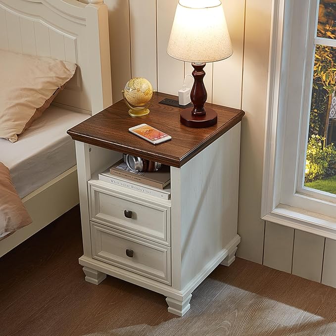 Farmhouse Side Table with Charging Station, Rustic White Nightstand,2 Drawers End Table for Living Room,Bedside Table with Open Shelf for Bed Room,White