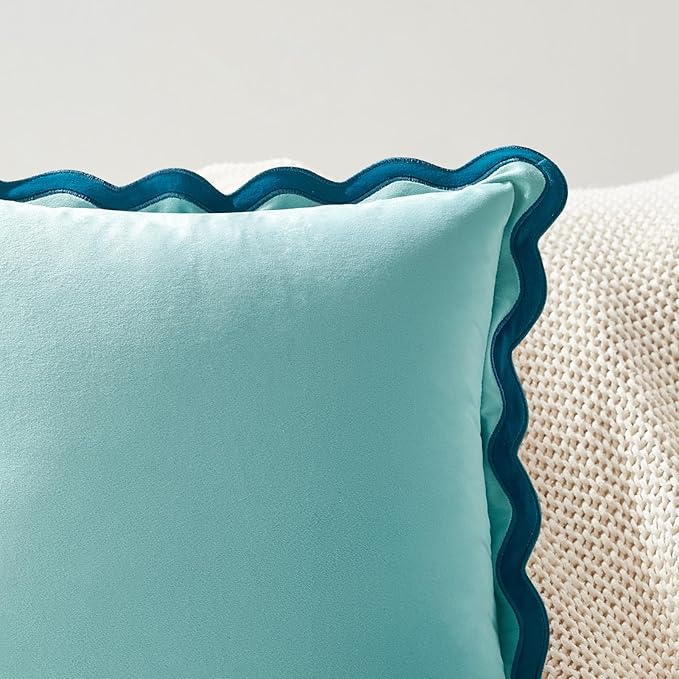 MONDAY MOOSE Decorative Throw Pillow Covers Cushion Cases, Set of 2 Soft Velvet Scalloped Wavy Edge Designs, Mix and Match for Home Decor, Pillow Inserts Not Included (Blue/Light Blue, 18x18 inch)