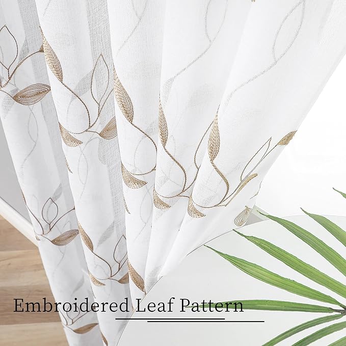 Tollpiz Taupe Leaf Sheer Curtains Leaves Embroidered Living Room Short Curtain Rod Pocket Voile Window Treatments for Bedroom, 54 x 45 inches Long, Set of 2 Panels