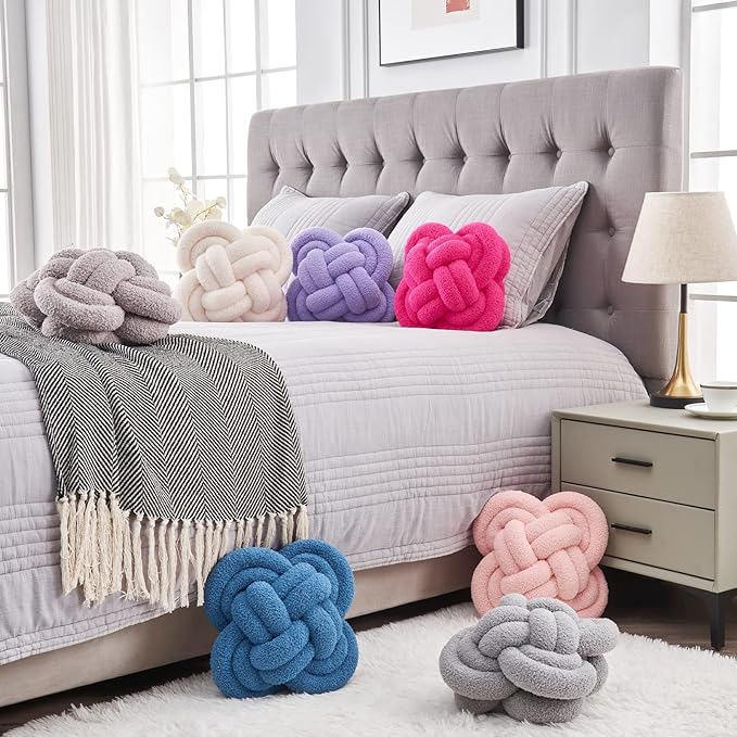 Xiashrk Knot Pillow Ball, 12" Soft Decorative Throw Pillows for Couch Bed, Navy Blue Knotted Plush Throw Pillow Handmade Square Cushion Home Couch Decor Pillows for Living Room