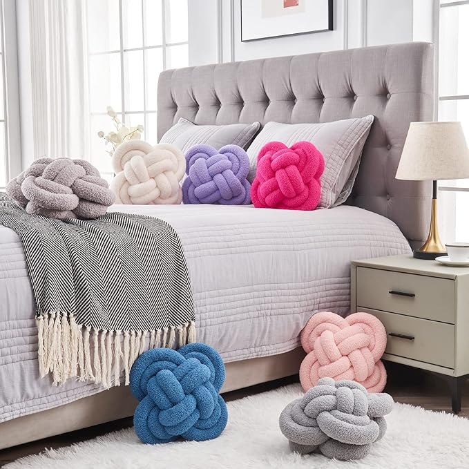 Xiashrk Knot Pillow Ball, 12" Soft Decorative Throw Pillows for Couch Bed, Dark Gray Knotted Plush Throw Pillow Handmade Square Cushion Home Couch Decor Pillows for Living Room