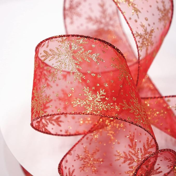 CT CRAFT LLC Organza with Red Glitter Snowflakes Wired Ribbon 2.5 inch x 50 Yards for Christmas Home Decor Tree Topper Bow Gift Wrapping DIY Crafts Wreath Garland Wedding