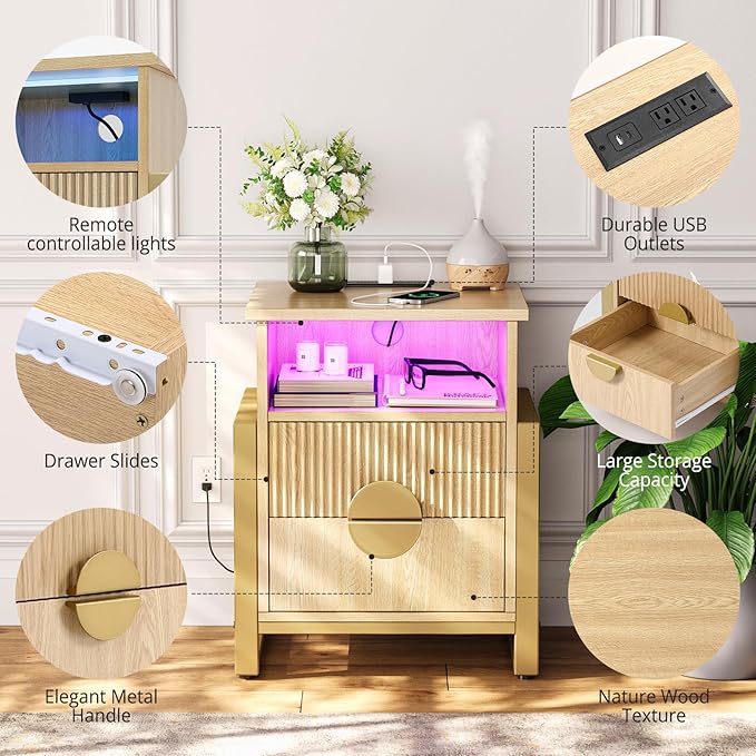 LGHM Set of 2 Large Fluted Nightstand with Charger Station Lights,20.47" W Night Stand with 2 Drawers, Accent Bedside Table and End Table,Semicylinder Drawer Front,Stable Raising Legs,Natural Oak