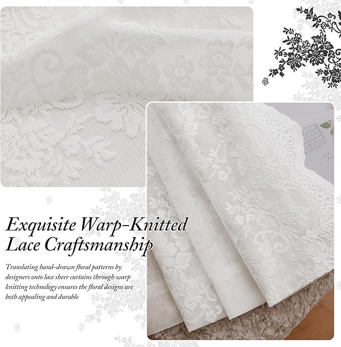 White Lace Sheer Curtains – Vintage Floral Lace for Living Room/Bedroom, Airy Light Filtering Rod Pocket Drapes, Privacy Elegant Chic Victorian Pattern Design, 52W x 63L Inch, 2 Panels