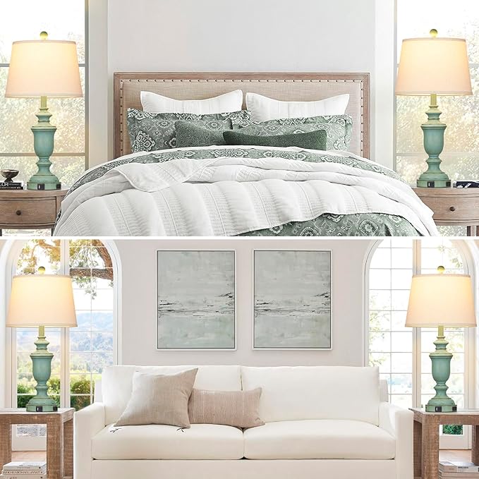 25.6" Farmhouse Table Lamps Set of 2 with USB C+A Ports & AC Outlet for Rustic Living Room Retro Bedroom,3-Way Dimmable Touch Lamp Bedside Lamps for Nightstand Side End Table,Retro Green