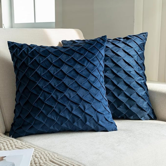 Velvet Decorative Throw Pillow Covers Set of 2, 18x18 Inch Soft Modern Weave Cushion Case, Farmhouse Home Decor Pillowcase for Sofa Living Room Couch Bed Navy