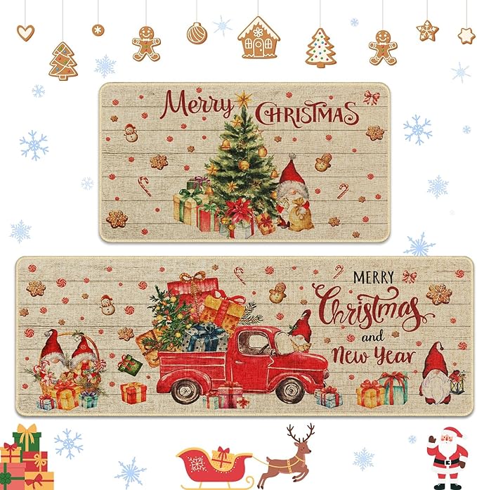 Christmas Trucks Gingerbread Gnome Kitchen Rugs and Mats Non Skid Washable Set of 2, Xmas Kitchen Mats for Floor Decor
