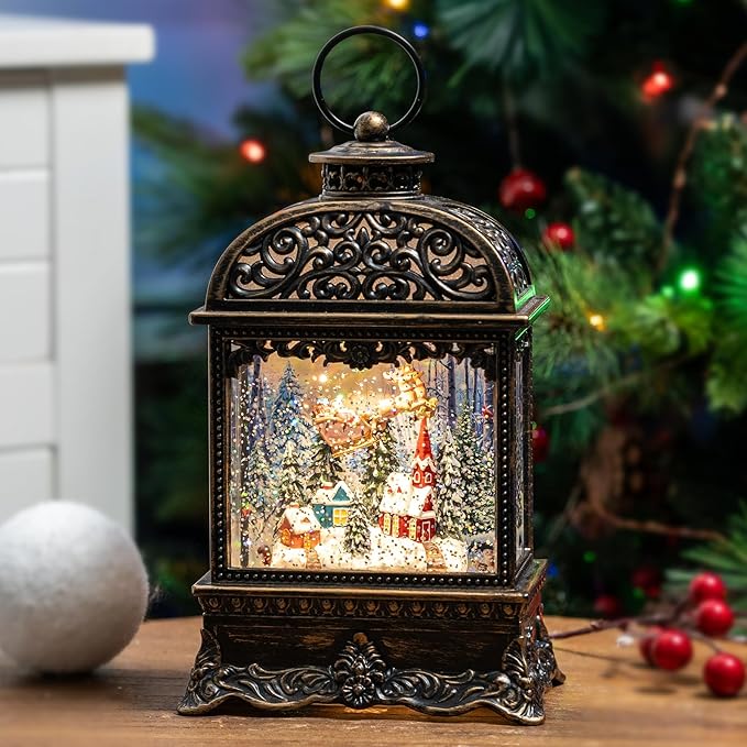 Christmas Snow Globe Lighted Flying Santa Scene, Musical Snow Water Lantern Swirling Glittering Home Decoration and Gift, Battery Operated or USB Powered