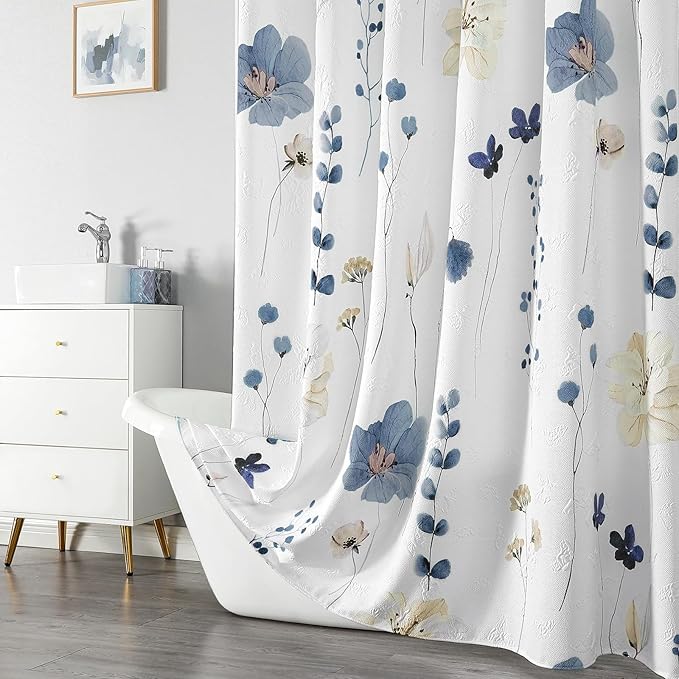 QIYI Small Stall Shower Curtain 36 x 72, Narrow Half Watercolor Floral Shower Curtain, 3D Embossed Butterflies Grey Flower Cloth Bathroom Curtain, Waterproof Fabric White Shower Curtain Set with Hooks