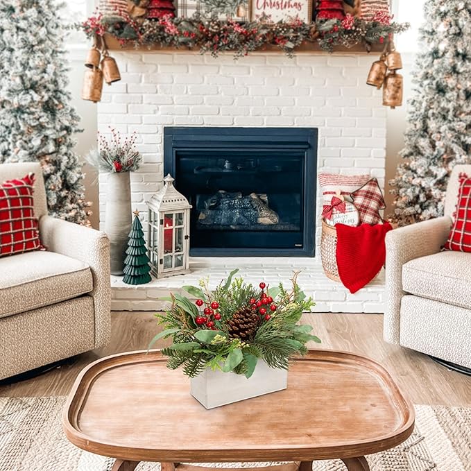 Christmas Centerpieces 8 Inch Artificial Christmas Plant in Rectangular Wooden Pot Tabletop Pine Plants with Red Berries Pine Cones Eucalyptus for Winter Holiday Party Fireplace Mantel Xmas Decor