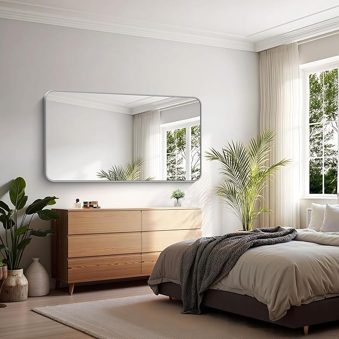 KOCUUY Silver Bathroom Mirror, 30 x 55 inch Metal Frame Mirror with Rounded Corner, Rectangle Design of Upgraded Shatterproof Glass for Bathroom, Bedroom, Living Room, Entryway