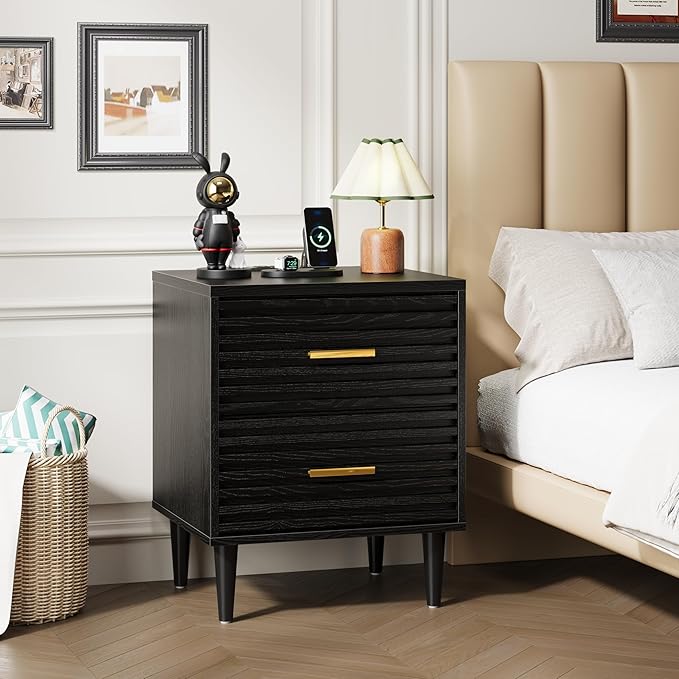 Alohappy Night Stand with Charging Station, Bedside Table with 2 Drawers, Mid Century Modern End Table, Bed Side Table with USB Ports and Outlets, Nightstand for Bedroom, Black 1pc