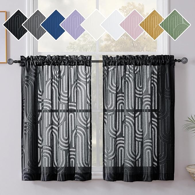 Simplebrand Sheer Black Curtains Kitchen 36 Inch Length 2 Panels Set for Window, Soft Airy Geometric Jacquard Semi Sheer Curtains for Bathroom, Modern Rod Pocket Window Curtains, 42Wx36L Inches