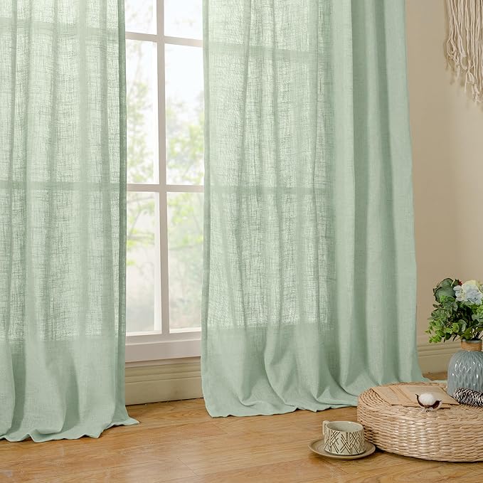 LAMIT Linen Curtains for Living Room, 84 inch Length, Light Filtering Semi Sheer Panels, Back Tab and Rod Pocket, Fresh Green, 52 x 84 Inch