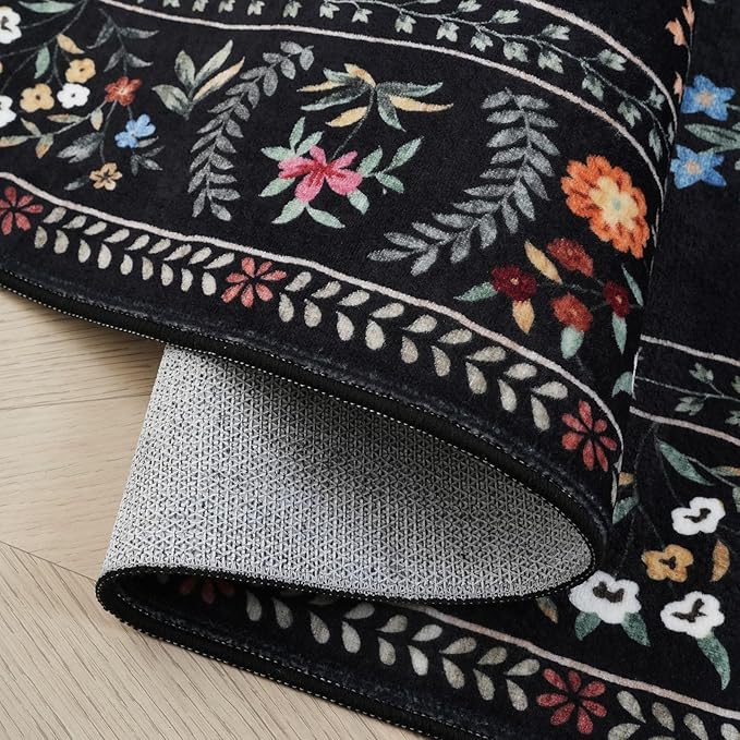 Rugcomf Runners for Kitchen Runner Rug Non Slip 2'x10' Long Washable Rugs with Rubber Backing Soft Floral Animal Carpet Runner for Kitchen, Laundry, Bedroom, Bathroom (Black)