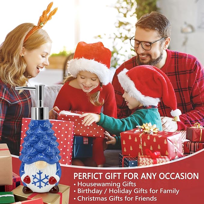 Hexagram Christmas Soap Dispenser, Christmas Kitchen Bathroom Decor, Xmas Blue Gnome Ceramic Soap Dispenser for Home Indoor Decorations, Xmas Refillable Lotion Essential Oil Dispensers with Pump