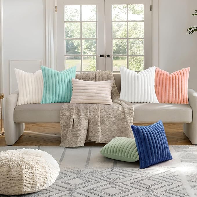 decorUhome Faux Fur Throw Pillow Covers 18x18 Set of 2, Decorative Soft Plush Striped Neutral Couch Euro Pillow Covers with Velvet Back for Sofa, Bed, Living Room Home Decor, Blush Pink
