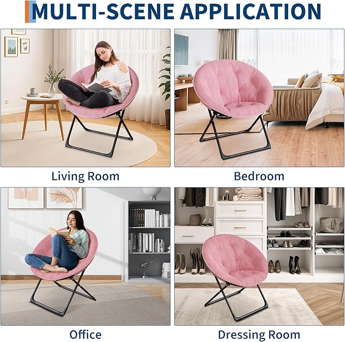 Saucer Chair, Oversized Faux Fur Lounge Chair with Gold Metal Frame for Adults, Foldable Comfy Seat for Bedroom, Dorm & Living Room, (Pink)