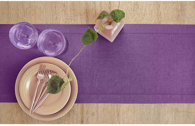 Solino Home Linen Table Runner 120 Inches Long - Classic Hemstitch 100% Pure Linen Purple Dining Table Runner 14 x 120 Inch for Fall, Autumn, Halloween, Thanksgiving, Holiday