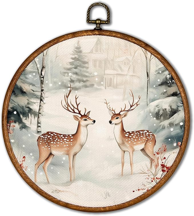 KSDUT Christmas Wall Decor Art - Winter Woodland Xmas Wall Art Canvas Frame Hanging Prints, Vintage Pine Tree Deer Holiday Landscape Round Wall Art Decor for Home Bedroom Decorations 10"x10"