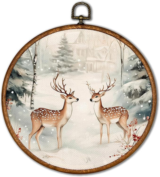 KSDUT Christmas Wall Decor Art - Winter Woodland Xmas Wall Art Canvas Frame Hanging Prints, Vintage Pine Tree Deer Holiday Landscape Round Wall Art Decor for Home Bedroom Decorations 10"x10"