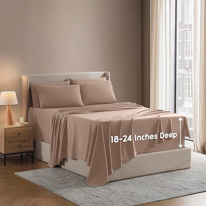Nestl Extra Deep Full Sheet Set - 6 Piece Breathable & Cooling Sheets - Hotel Luxury Bedding Set w/18-24 Inch Deep Pockets - Easy & Secure Fit - Super Soft, Wrinkle Free & Comfy - Taupe Sand