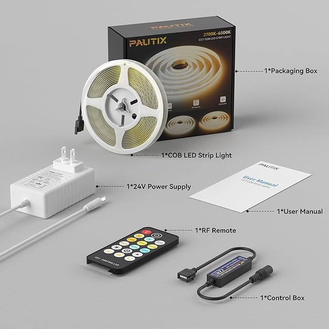 PAUTIX COB LED Strip Light 2700K-6500K CCT Tunable White UL-Listed CRI90+ 16.4ft Super Bright Dimmable 24V LED Tape Lights with RF Remote,for Under Cabinets Bedroom Kitchen TV Mirror DIY Lighting
