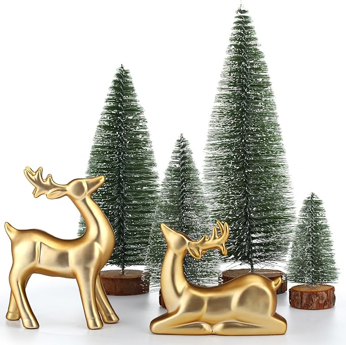 Wesiti 2 Pcs Ceramic Christmas Reindeer Figurines 4 Pcs Mini Christmas Pine Tree Reindeer Decor Deer Statue Sculpture Tabletop Ornaments for Home Mantel Shelves Decor (Gold)