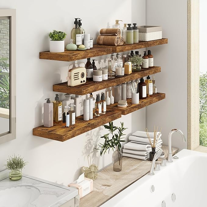 Fun Memories 32Inch Floating Shelves, 9.3Inch Deep Rustic Wall Shelves - Extra Deeper & Thicker Wall Mounted Storage Shelf for Kitchen, Farmhouse - 32" W x 9.3" D x 1.5" H - Set of 2 - Rustic Brown