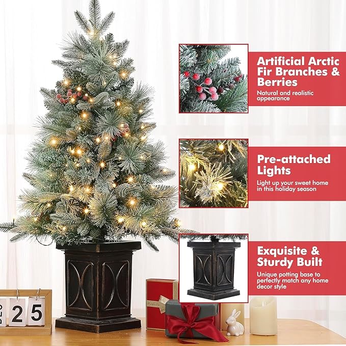 3ft Christmas Tree Pre-Lit Artificial Christmas Tree with Vintage Potted Base, Flocked Snow 78 Warm White LED Lights 8 Lighting Modes, Xmas Holiday Decor for Home, Entrances