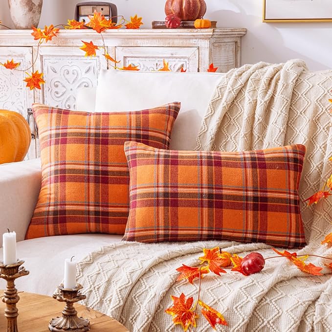Fall Plaid Orange Red Throw Pillow Covers 18x18 Inch, Set of 2 Autumn Decorative Throw Pillows for Couch Sofa Bed Living Room Home Decor, Accent Pillow Cases for Farmhouse Couch Cushion Covers