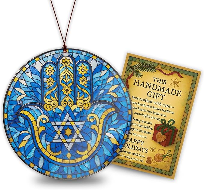 Hanukkah Ornaments Window Decorations with Hamsa Hand Design, Fatima Home Decor Ornament for Spiritual Good Luck, Housewarming Gifts for Mom Dad Friends, Jewish Holiday Decor, Hanukkah Gifts