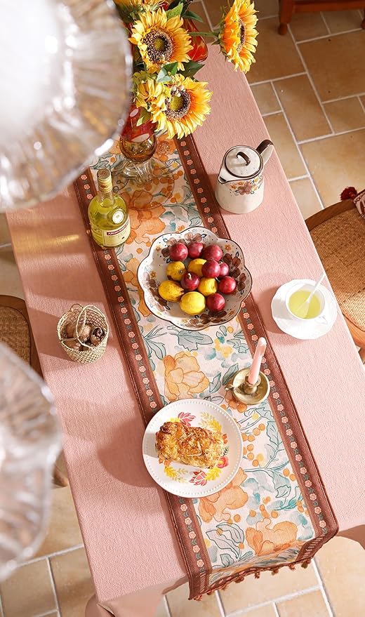 Designer Vintage Orange Floral Table Runner,French Farmhouse Soft Linen Table Runners 94 Inches Long,Decor Tabletop for Kitchen,Dining,Party,Tea Party,Christmas,16"*94"