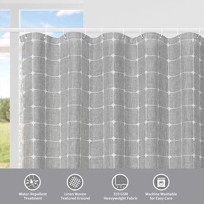 MitoVilla Modern Farmhouse Shower Curtain Set, Grey Boho Shower Curtains for Bathroom Decor, Vintage Rustic Thick Linen Fabric , Country Tassel Cloth, 72 x 72