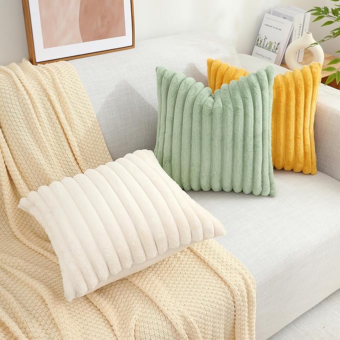 decorUhome Faux Fur Throw Pillow Covers 24x24 Set of 2, Decorative Soft Plush Striped Neutral Couch Euro Pillow Covers with Velvet Back for Sofa, Bed, Living Room Home Decor, Mustard Yellow