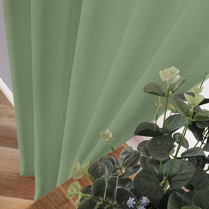 Tollpiz Short Sheer Curtain Living Room Linen Textured Curtains Sheer Light Filtering Voile Rod Pocket Curtain for Bedroom, 38 x 54 inches Long, Sage Green, Set of 2 Panels