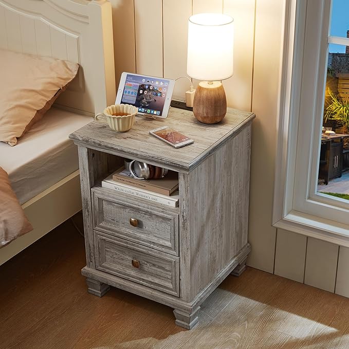 Farmhouse Nightstand with Charging Station, Rustic Grey Nightstand,2 Drawers End Table for Living Room,Bedside Table with Open Shelf for Bed Room,Grey