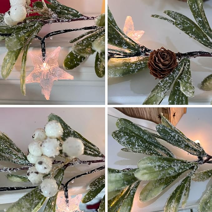 6ft Snowy Olive Christmas Garland with Pine Berry,Battery Operated Garland with Timer,Pre-lit Garland for Christmas,Party,Indoor, Fireplace, Stairs Railing,Mantle Decor