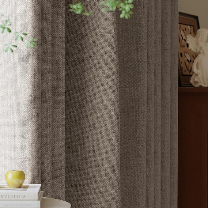 100% Blackout Curtains for Bedroom, Thermal Insulated Curtains 63 Inch Length Curtain 2 Panels, Luxury Soft Farmhouse Linen Textured Full Light Blocking Room Darkening Drapes, W52xL63, Brown