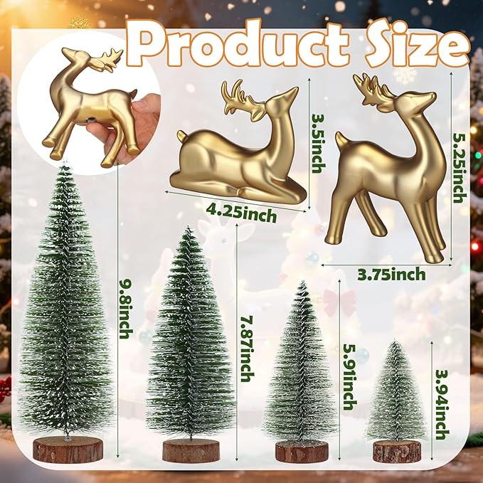 Wesiti 2 Pcs Ceramic Christmas Reindeer Figurines 4 Pcs Mini Christmas Pine Tree Reindeer Decor Deer Statue Sculpture Tabletop Ornaments for Home Mantel Shelves Decor (Gold)
