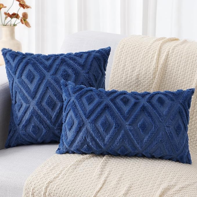 decorUhome Couch Throw Pillow Covers 16x16 Set of 2, Decorative Soft Plush Faux Wool Neutral Accent Pillow Covers for Bed Sofa Living Room, Blue