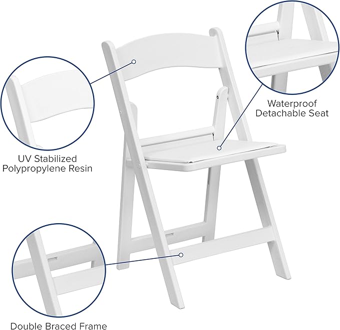 EMMA + OLIVER Folding Chair - White Resin – 2 Pack 800LB Weight Capacity Comfortable Event Chair - Light Weight Folding Chair