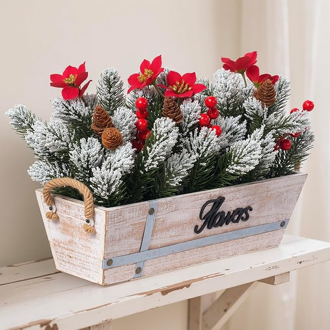 Artificial Christmas Centerpiece with Snowy Norfolk Pine Garland, Poinsettias, Berries & Pine Cones in Rustic Wood Planter – Holiday Table Decoration for Home, Kitchen, Office, or Mantel