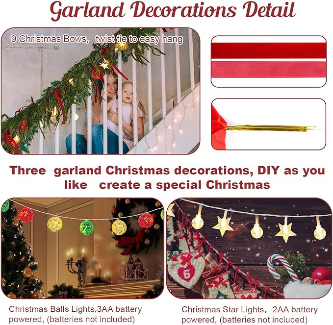 Christmas Garland with Lights for Mantle, 6 Ft Norfolk Pine Garland with 9 Christmas Bows and 2 LED Strings, Prelit Garland for Decoration Christmas, Table, Stairs, Indoor, Outdoor Decor