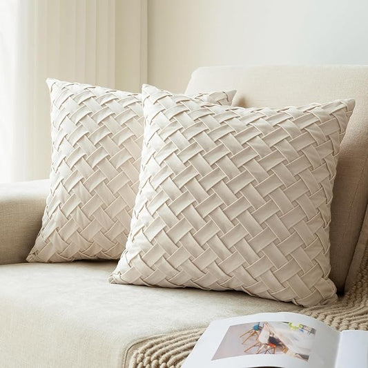 Velvet Decorative Throw Pillow Covers Set of 2, 18x18 Inch Soft Modern Weave Cushion Case, Farmhouse Home Decor Pillowcase for Sofa Living Room Couch Bed Cream White